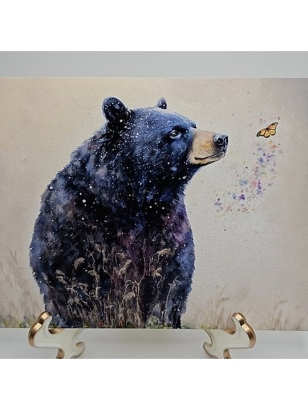 4x6 Horizontal Black Bear with Butterfly Watercolor Oil Painting Print